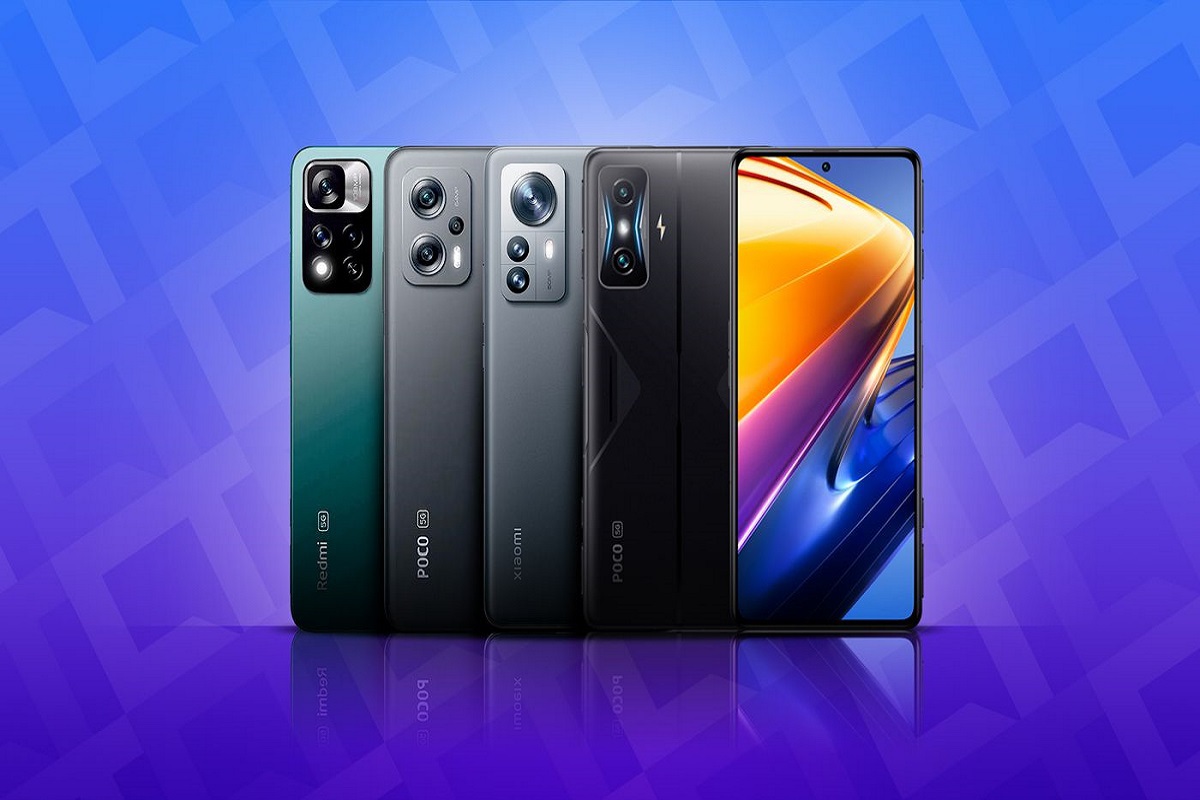 Montagem com cinco aparelhos de celular Xiaomi para divulgação em sites