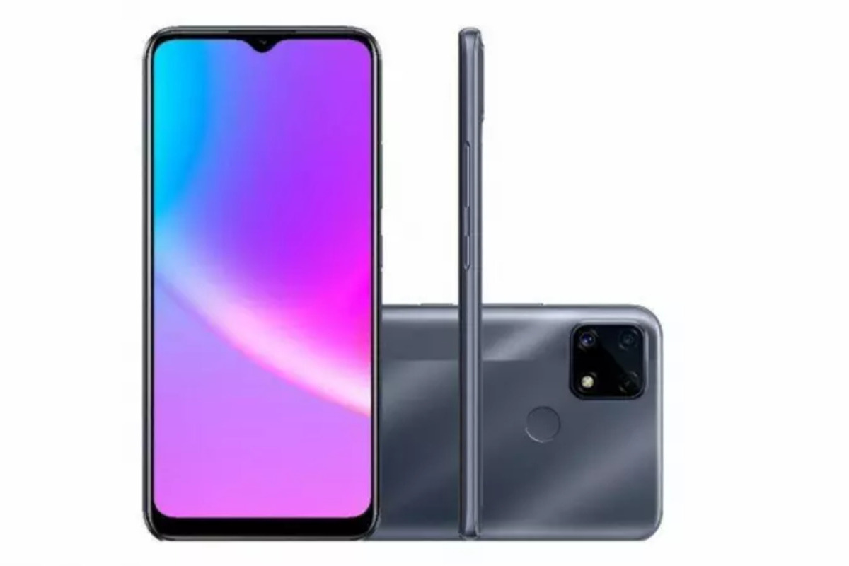 Realme C25 cinza em foto de divulgação para sites de vendas