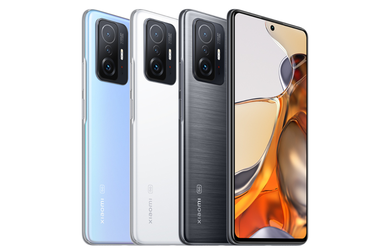Publicidade: Xiaomi 11T Quatro celulares Xiaomi 11T na diagonal em montagem para publicidade do aparelho