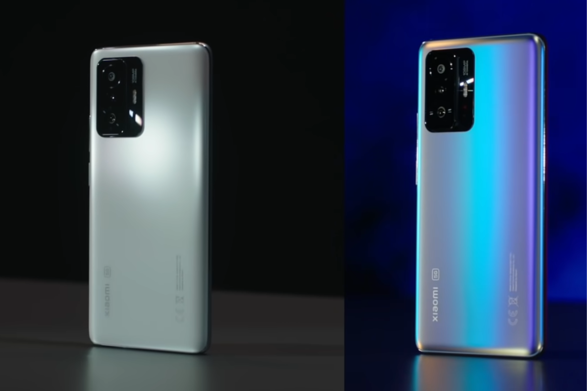 Montagem com fotos de dois smartphones Xiaomi 11T nas cores cinza e azulado para divulgação do produto em sites de venda