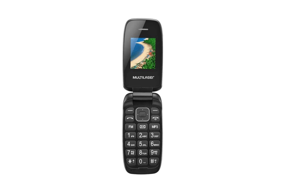 P9022: Celular de botão Celular de botão Multilaser aberto na cor preta no modelo flip P9022