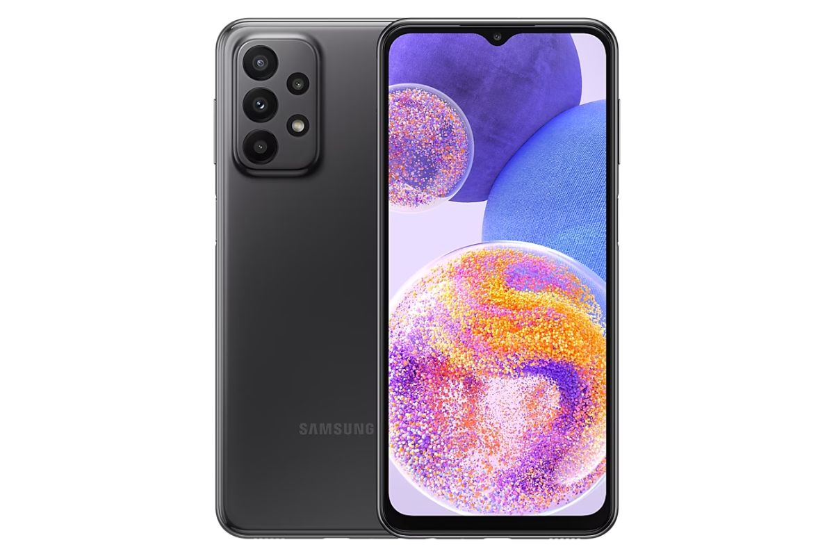 Galaxy A23 preto em foto para site oficial da marca