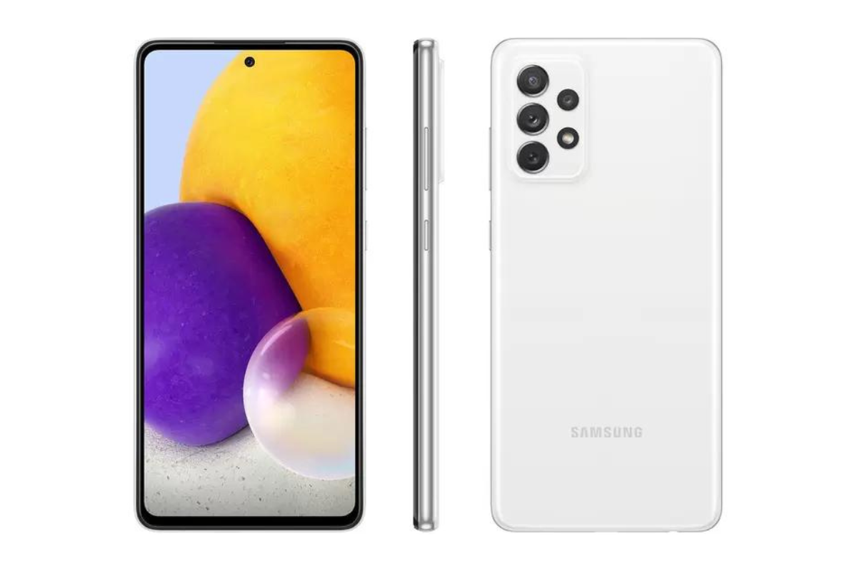 Galaxy A72 branco em três ângulos em montagem para sites de vendas