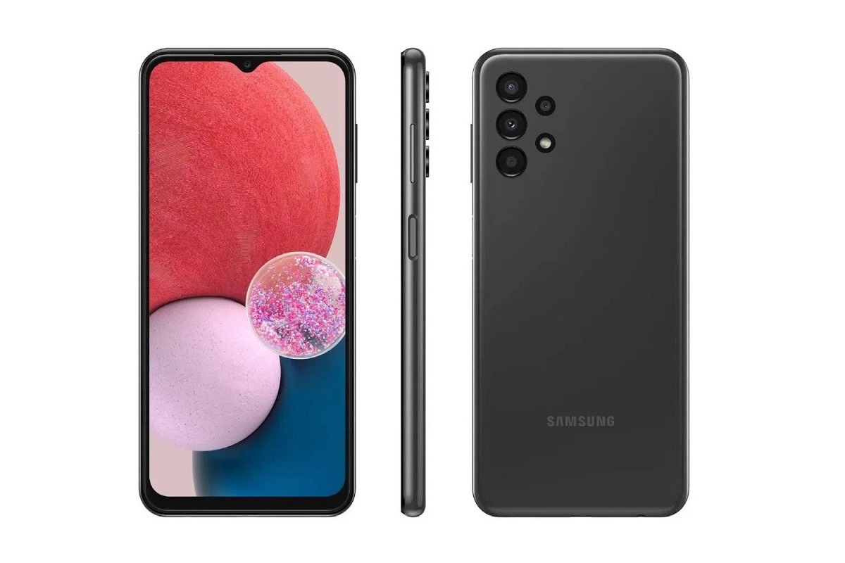 Aparelho: Samsung Galaxy A13 Samsung Galaxy A13 preto em montagem que mostra o aparelho em todos os ângulos