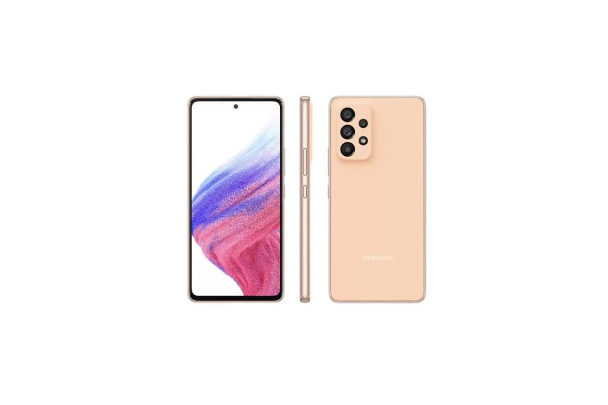 Samsung Galaxy A53 rosé em montagem para publicidade