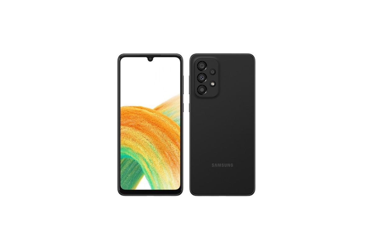 Samsung Galaxy A53 preto em montagem mostrando detalhes do aparelho em todos em ângulos