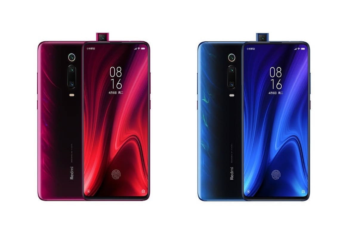 Xiaomi Mi 9T Pro nas cores vermelho e azul em montagem mostrando seus detalhes para publicidade