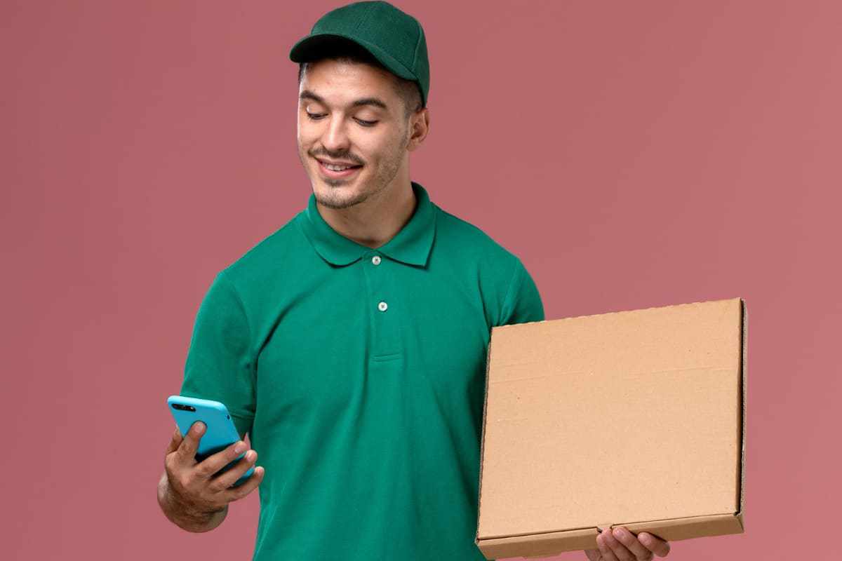 entregador: aplicativos de entrega entregador com celular em uma mão e encomenda na outra