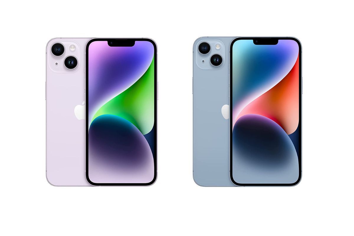 Dois iPhones em cores diferentes mostrando todos os ângulos