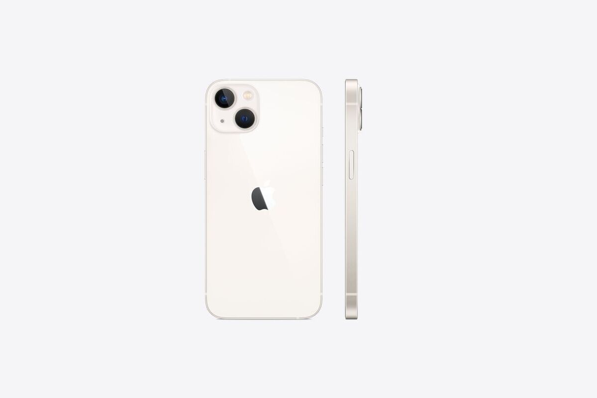 Aparelho: iPhone 13 iPhone 13 rosa claro em montagem com fundo branco mostrando detalhes do aparelho