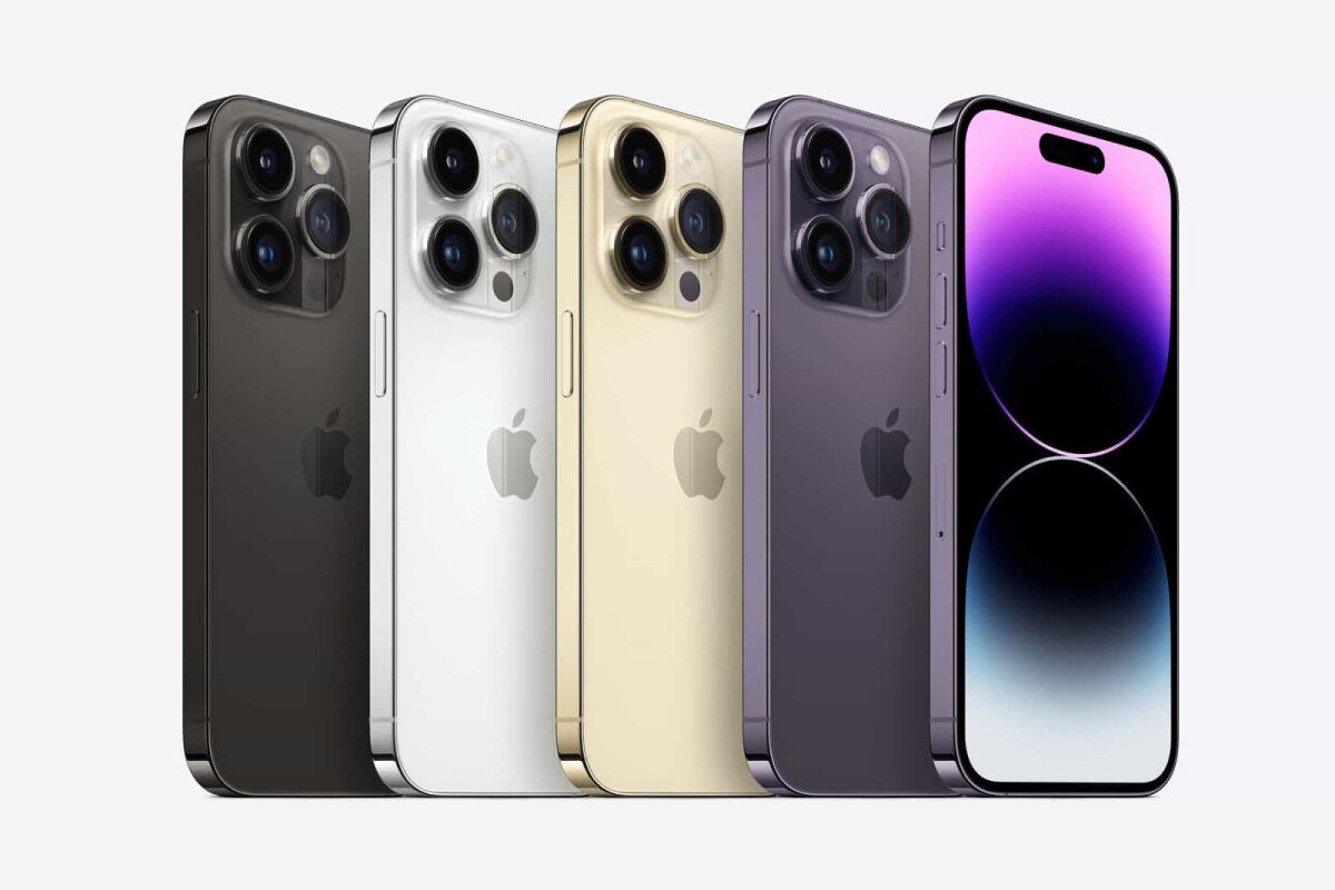 iPhone 14 Pro em quatro cores diferentes sendo eles preto, branco, dourado e cinza e outro aparelho de frente mostrando sua tela