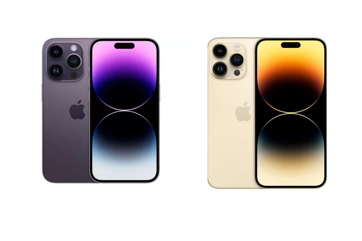Dois iPhones tipo 14 Pro nas cores preto e dourado